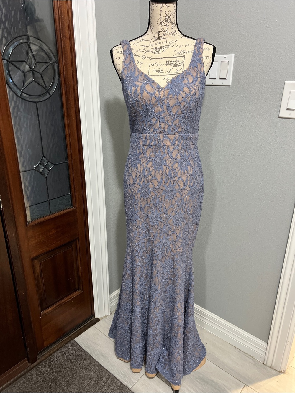 Betsy & Adam Periwinkle Blue Glitter Lace Mermaid Gown 8